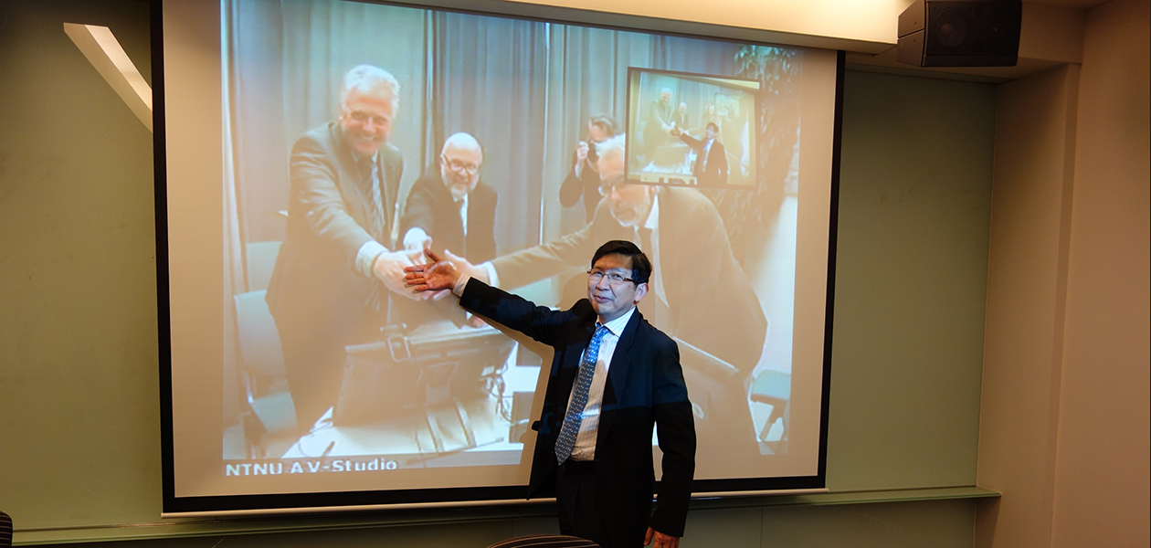 (From left) Harald Ellingsen, NTNU Department of Marine Technology, Morten Rien, senior advisor, rector's staff, NTNU and Johan Hustad, NTNU Pro-rector for Innovation exchange a virtual handshake with Dr Lim Khiang Wee, executive of IPI in Singapore.